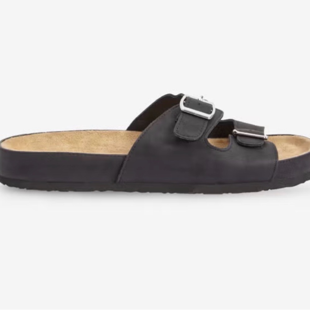 Bobbie Brooks Black Double-Strap Slide with Silver Buckles